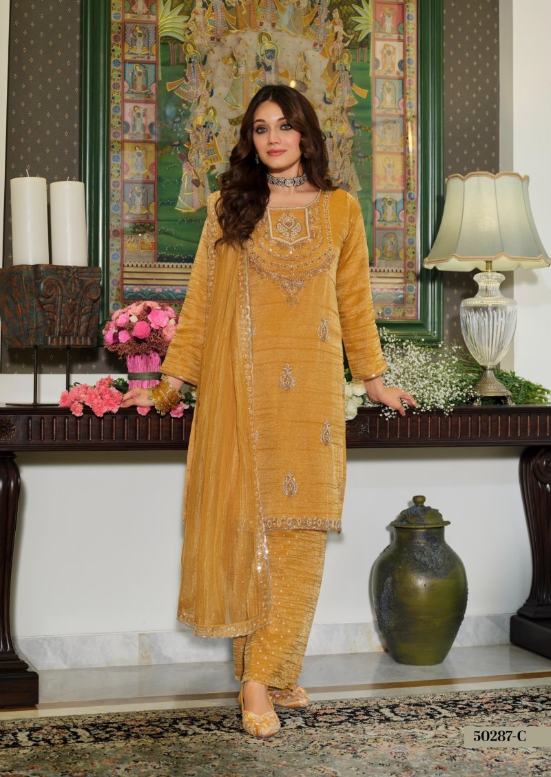 D 50287 C By Zaveri Crush Tissue Readymade Suits